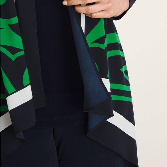 CHICO’S Cardigan Travelers Classic‎ Scarf-Front Navy Green Geometric Print Sz S - Picture 10 of 17